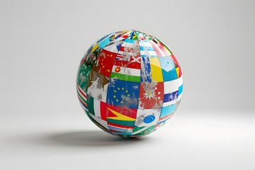  a huge globe with an array of international flags and speech bubbles that include country and language symbols, all against a white background. 