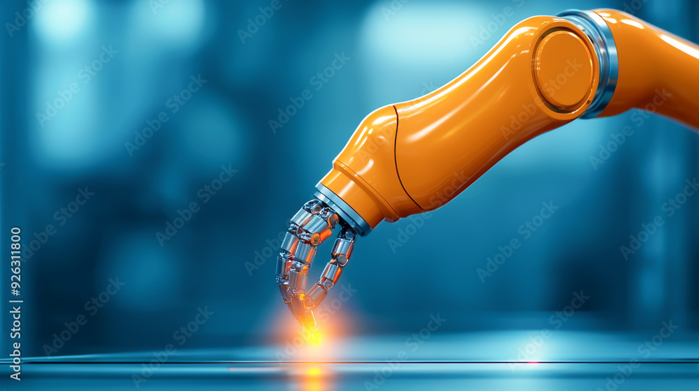 Poster a close-up view of an advanced robotic arm equipped with a gripping mechanism and emitting a glowing