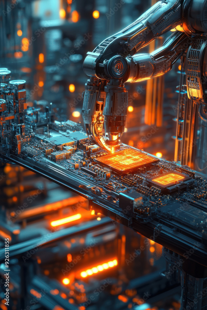 Poster blockchain integration, holographic robot arms meticulously assembling microchips in a high-tech fac