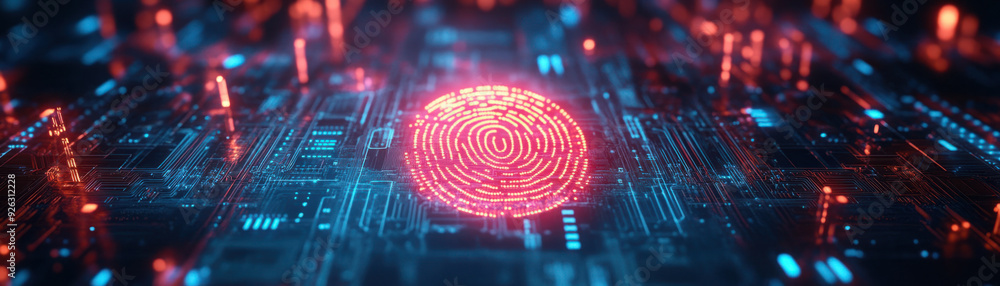 Poster digital fingerprint, holographic fingerprint icon hovering above a luminous digital circuit board, s