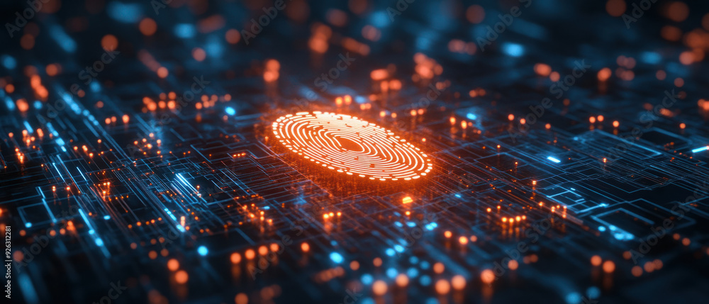 Poster digital fingerprint, a luminous holographic fingerprint icon projects above a high-tech digital circ