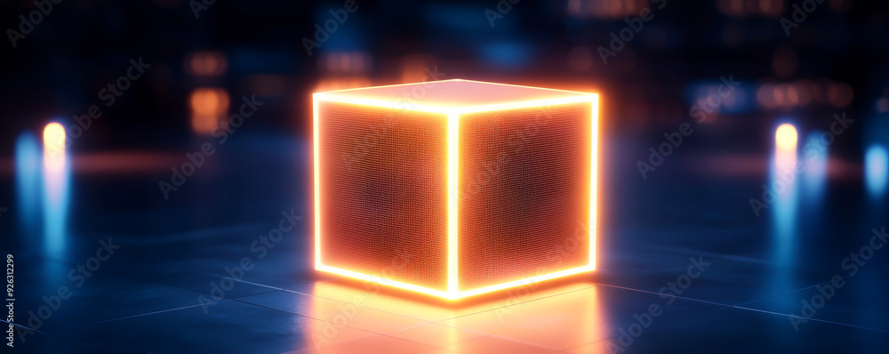 Poster a glowing neon cube illuminated against a dark background, creating a modern and futuristic atmosphe
