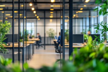 Employees working in eco-friendly office with plants, laptops - Out of focus business team - sustainable workspace