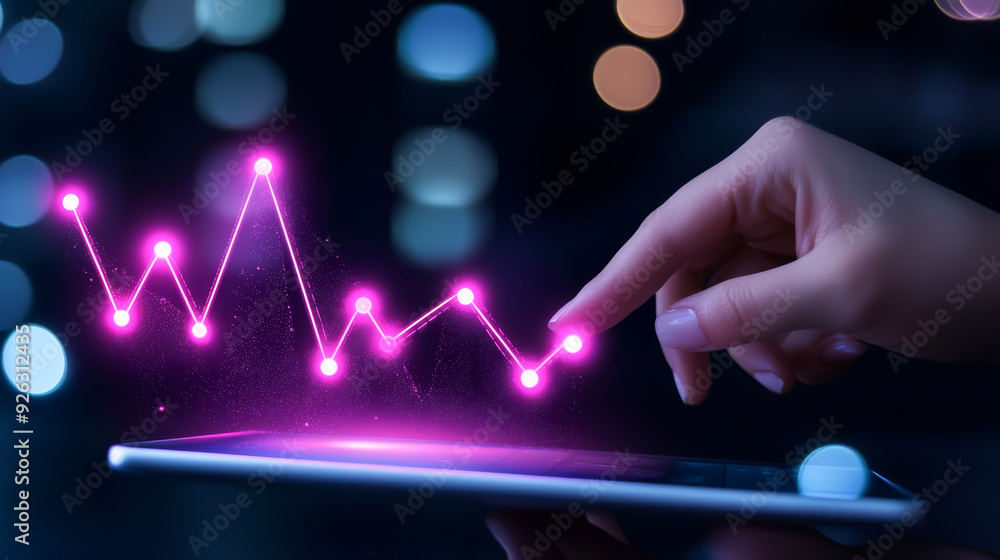 Poster a hand interacts with a tablet displaying a glowing pink data graph, showcasing modern technology an