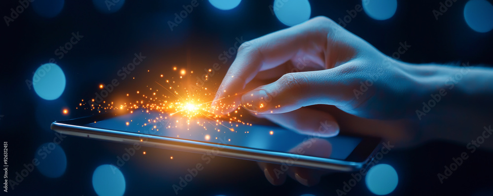 Poster a hand interacts with a tablet, creating a glowing effect, symbolizing innovation and technology in 