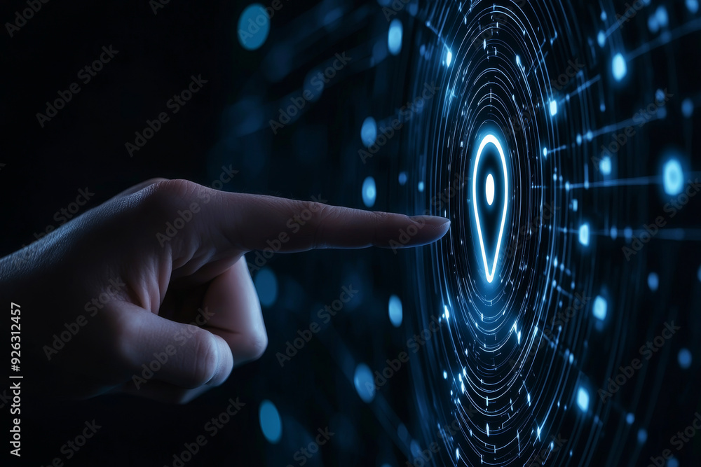 Poster a hand pointing at a glowing location pin in a digital interface, symbolizing navigation and modern 