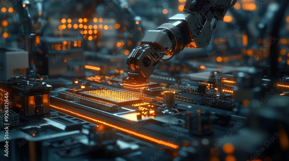 Poster blockchain integration, holographic robot arms meticulously assembling microchips in a high-tech fac
