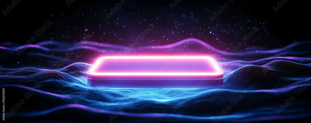 Poster a mesmerizing neon light rectangle glows amid vibrant waves, creating a futuristic and ethereal atmo