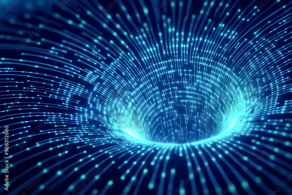 Poster a mesmerizing digital vortex of swirling light particles, evoking depth and movement in a vivid blue