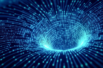 A mesmerizing digital vortex of swirling light particles, evoking depth and movement in a vivid blue environment.