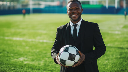 A man in a black suit, smiling warmly as he holds a football on a soccer field surrounded by the vibrant green of the pitch. Ai generated