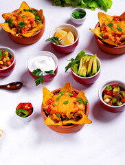 Nachos with chicken, mushroom and melted cheese in portion bowls served with assorted toppings on white table