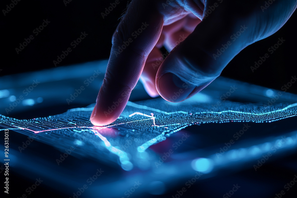 Poster a person interacts with a glowing touch screen, showcasing vibrant digital technology and data visua