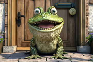 Happy green frog smiling and sitting by the door