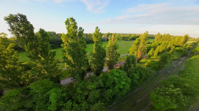 View from the first flight on the FPV drone. Video Shooting on an ultra-wide angle camera. Fast and dynamic flight on a sports quadcopter gvnf.obksz yn lipo batteries. Nature. Tuscany Italy 17.08.2024