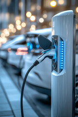 eco-friendly transportation,  An electric vehicle charging at a dedicated station, highlighting the connection point of the charger. Surrounding features include informative signage