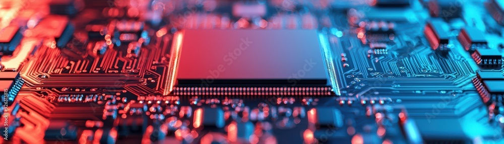 Poster vibrant circuit board showcasing technology, circuits, and glowing elements in an abstract compositi