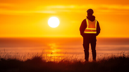 A person clad in safety gear, standing alone by the ocean, takes in the golden hues of a sunset, reflecting on the day’s work with calm serenity. Ai generated