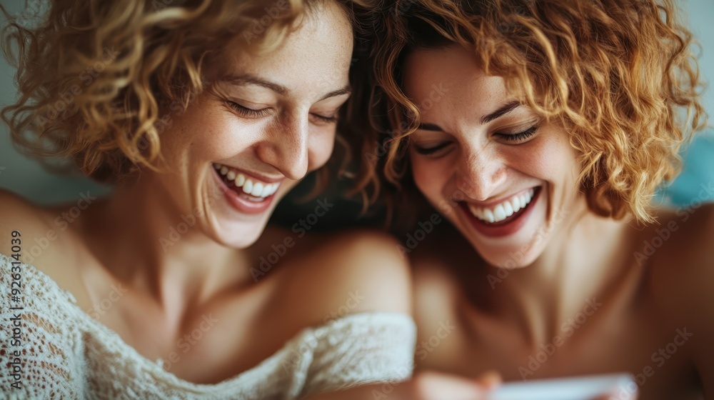 Wall mural two women with short curly hair, laughing and sharing a candid, joyful moment together, showcasing g