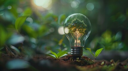 Ecology concept with tree growing inside light bulb with AI generated