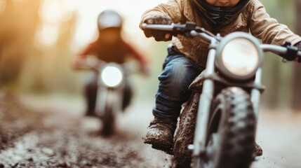 Young children, wearing protective gear, joyfully ride dirt bikes on a muddy forest trail, with determination and excitement, embracing adventure and physical activity.