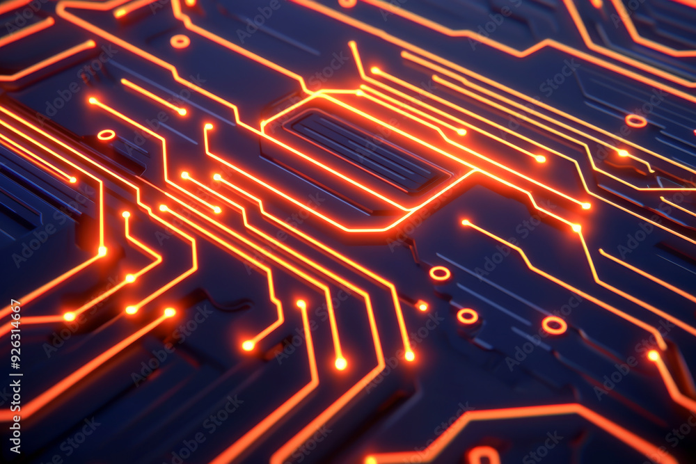 Poster close-up view of a glowing circuit board, showcasing intricate patterns of orange lines on a dark ba