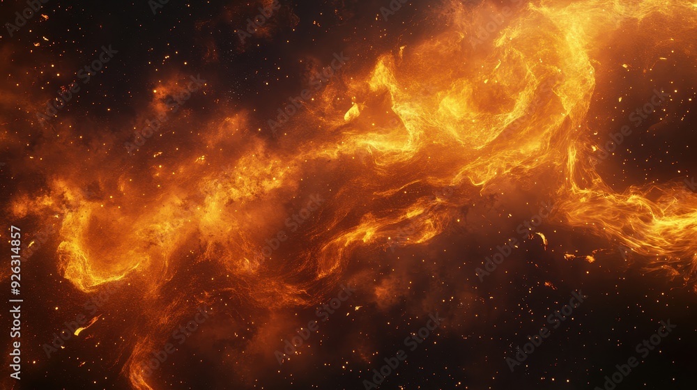Poster a vibrant and dynamic depiction of fiery elements in a cosmic setting.
