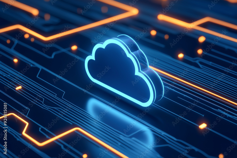 Poster modern cloud technology with glowing blue icon on a circuit board background, symbolizing digital st