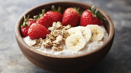 A wooden bowl filled with creamy oatmeal, topped with vibrant strawberries, banana slices, and a handful of crunchy granola, providing a healthy and colorful breakfast option.