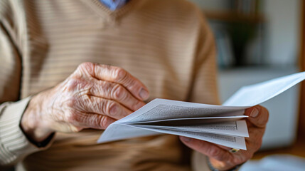 close-up of senior man's hands holding unpaid bills