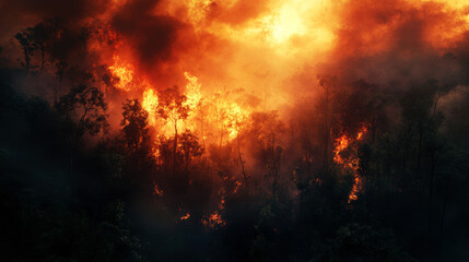 A forest fire is raging with flames and smoke