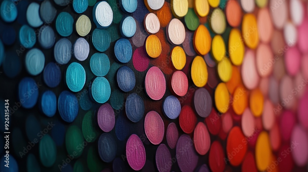 Poster an abstract art piece with numerous colorful circular shapes creating a vibrant and dynamic composit