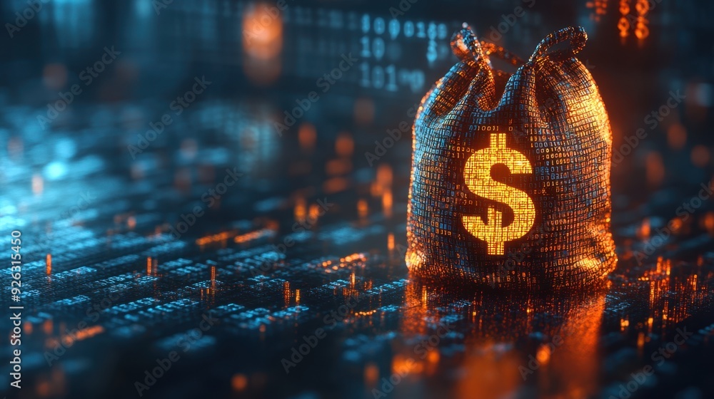 Poster digital golden moneybag in binary code: ai-driven portfolio management and financial transactions co
