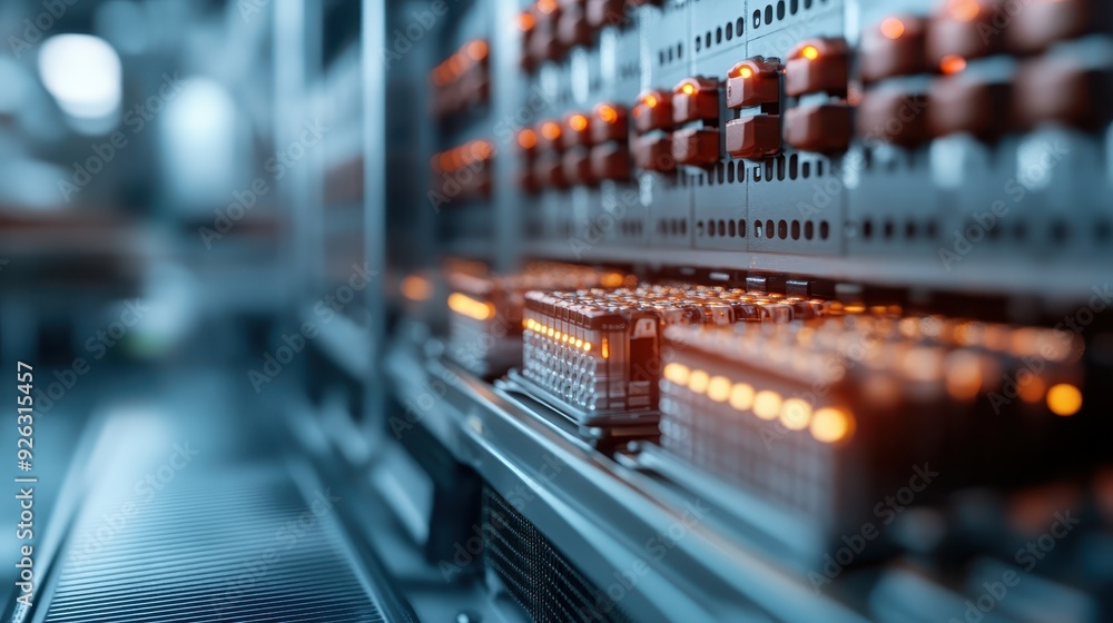 Poster a close-up image capturing the intricate details of an illuminated server rack with various cables a
