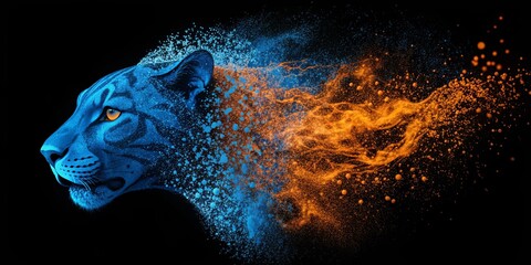 Blue and orange particles meld together to create a panther's head , wildlife, abstract, modern, digital art, futuristic