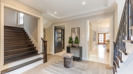 Fototapeta premium A hallway with a staircase and a painting on the wall