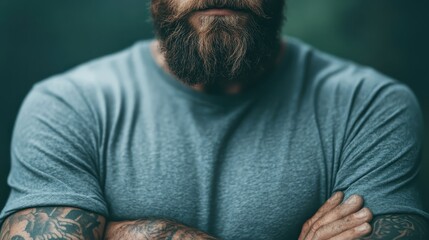 A close-up image of a bearded man wearing a grey shirt, crossing his arms to display his intricate tattoos, highlighting the detailed artwork on his forearms.