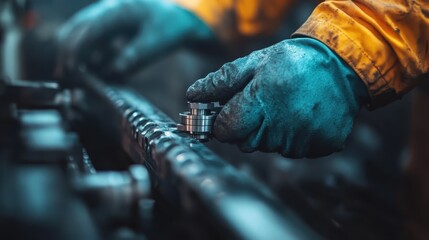 Close-up image of an engineer working on industrial machinery showing gloved hands making adjustments on a mechanical part. Perfect for depicting technical skills and precision.