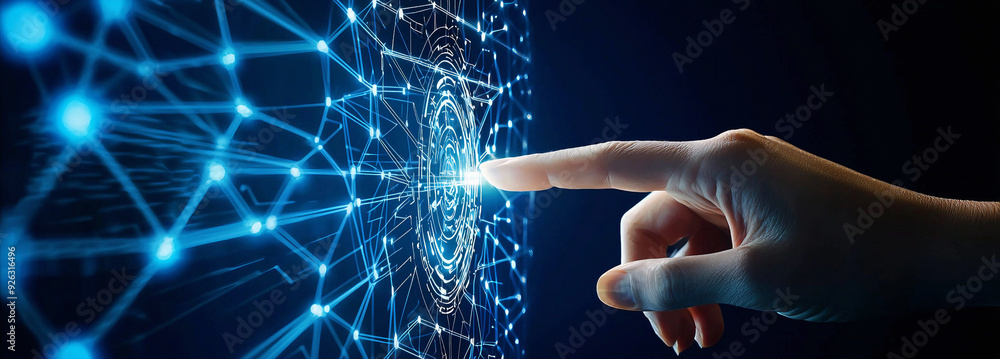 Poster hand interacting with a glowing touch screen, symbolizing interaction and connection between humans 