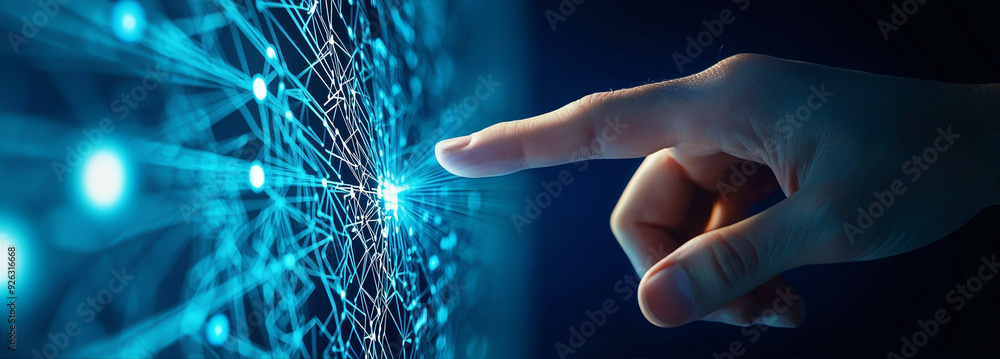 Poster a glowing hand interacts with a digital touch screen, illustrating energy and technology in a futuri