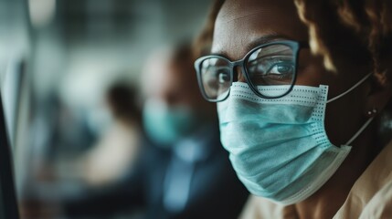 An office setting where individuals are wearing face masks and focusing on their computers, emphasizing the importance of safety and concentration in a work environment.