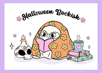 Groovy Bookish Ghost Reading Book under blanket Trendy Retro Halloween Cartoon Doodle with Cozy Fall Vibes