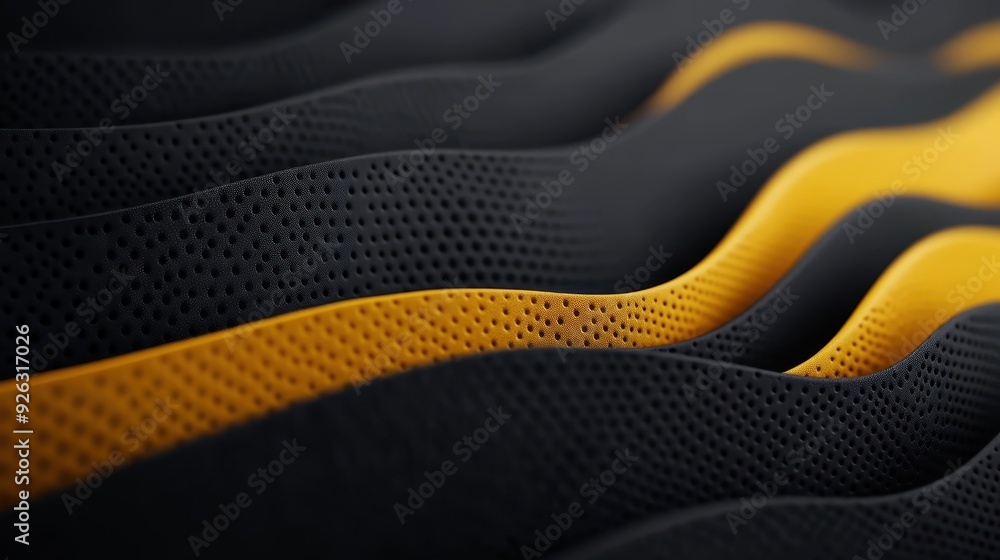 Poster abstract wavy patterns in black and yellow, with a textured surface, creating a sense of movement an