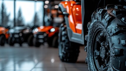 A row of quad bikes on display in an indoor showroom, focusing on the foremost vehicle, presenting a sense of readiness, adventure, and high energy in a commercial environment.