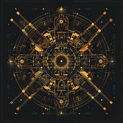 Futuristic Mechanical Mandala with Golden Tech Elements