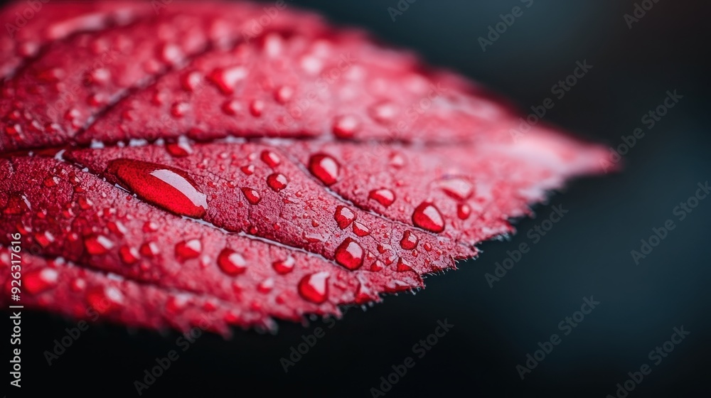 Poster a macro shot capturing a red leaf with shimmering water droplets, highlighting the fine details and 