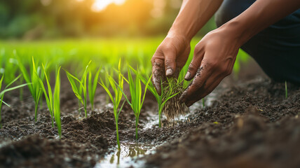 Fototapeta premium Close-up shot of hands sowing rice into a flourishing paddy field, embodying the essence of rural agriculture. Ai generated