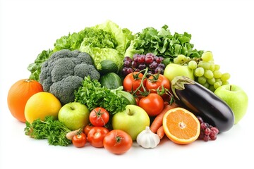 A large pile of fresh organic vegetables and fruits on a white background