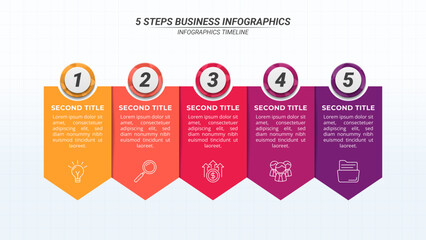 Infographic Timeline with 5 Steps and Editable Text on a 16:9 Layout for Business Presentations, Management, and Evaluation.