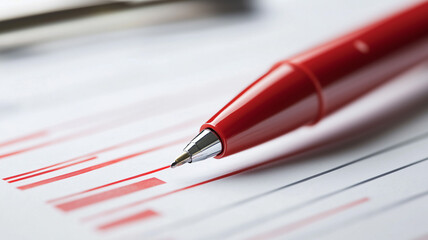 Red pen tip poised over a safety checklist, ready to make a mark, with white background highlighting the details. Ai generated